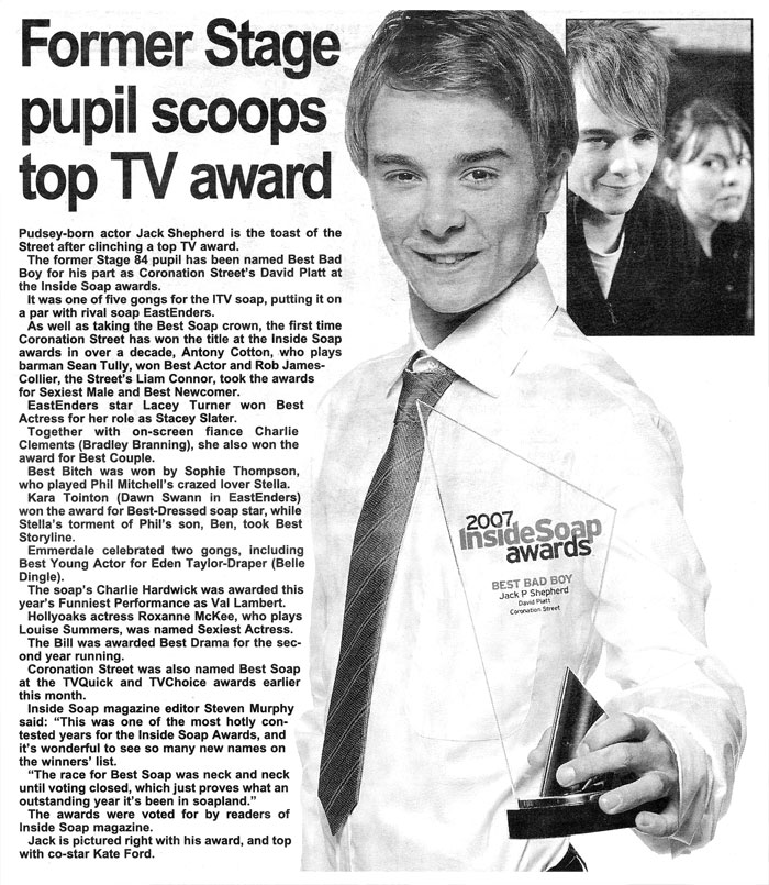 Former Stage 84 pupil Jack P. Shepherd scoops TV award