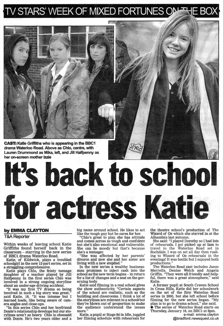 Stage 84 pupil Katie Griffiths stars in Waterloo Road